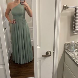 David’s bridal style F19932 in dusty sage. Size 4, hemmed for 5’9” in flats.